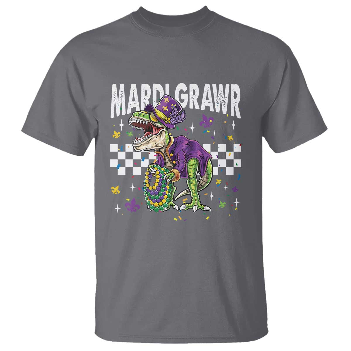 Funny Mardi Gras T-rex Dinosaur T Shirt Mardi Grawr Beads Carnival Party TS11 Charcoal Print Your Wear