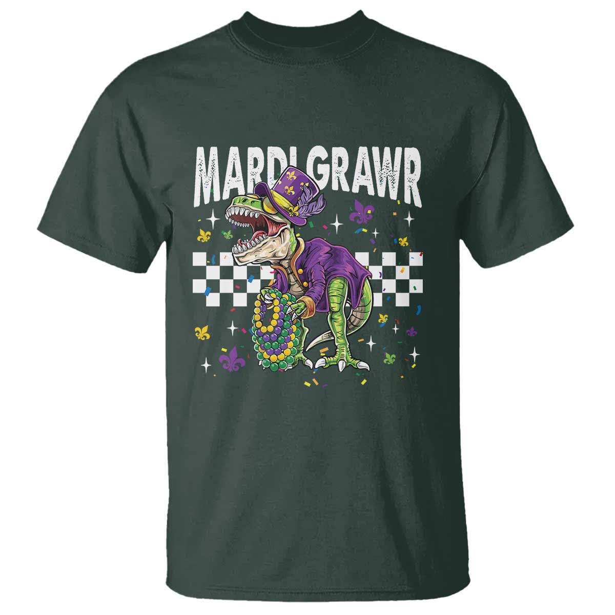 Funny Mardi Gras T-rex Dinosaur T Shirt Mardi Grawr Beads Carnival Party TS11 Dark Forest Green Print Your Wear