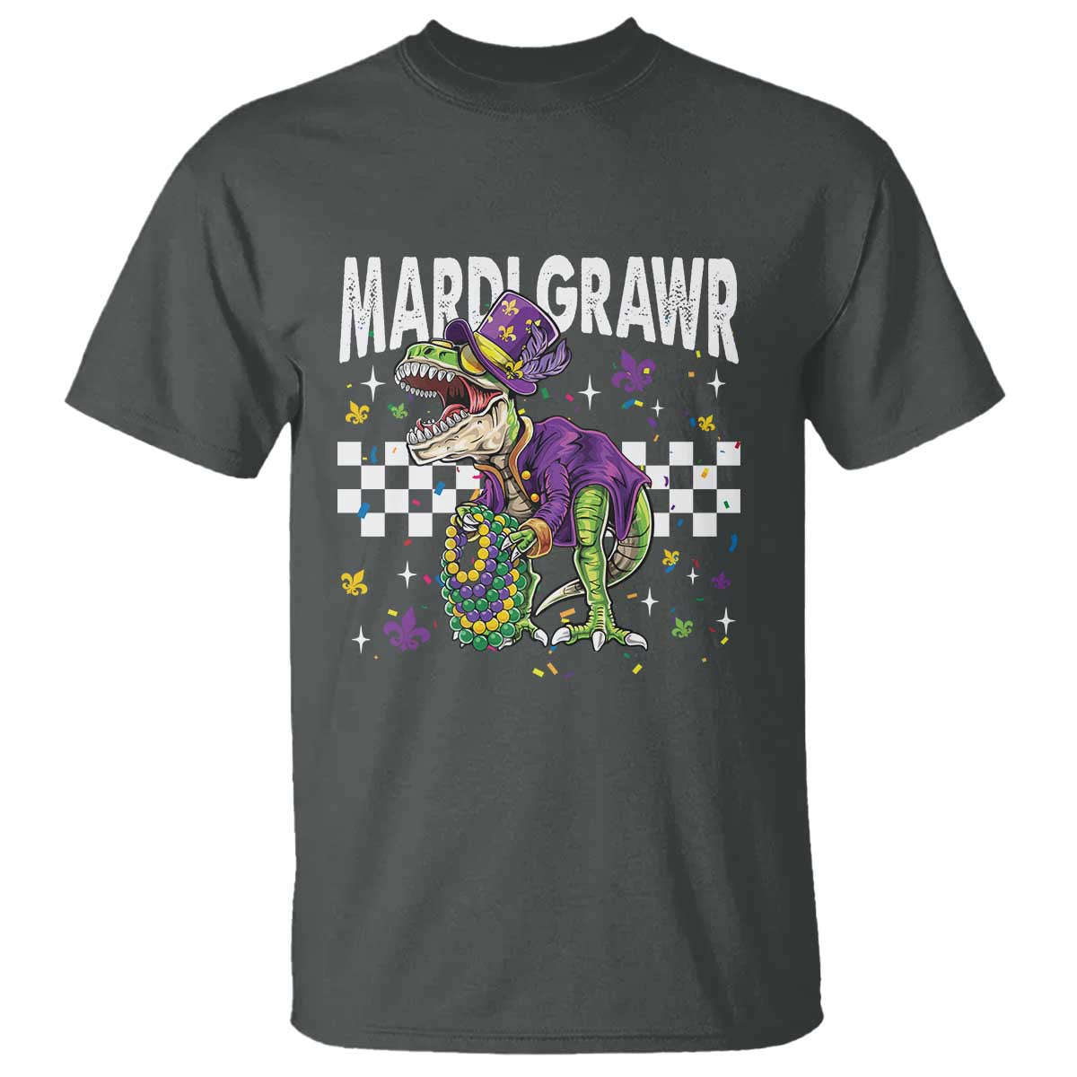 Funny Mardi Gras T-rex Dinosaur T Shirt Mardi Grawr Beads Carnival Party TS11 Dark Heather Print Your Wear