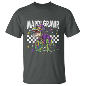 Funny Mardi Gras T-rex Dinosaur T Shirt Mardi Grawr Beads Carnival Party TS11 Dark Heather Print Your Wear
