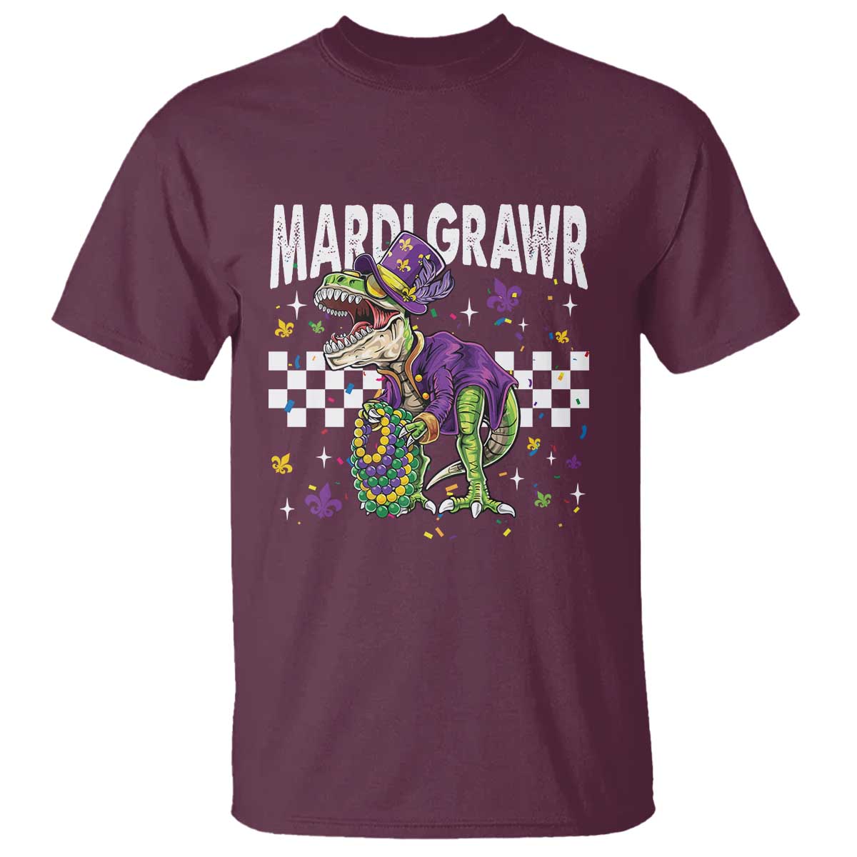 Funny Mardi Gras T-rex Dinosaur T Shirt Mardi Grawr Beads Carnival Party TS11 Maroon Print Your Wear