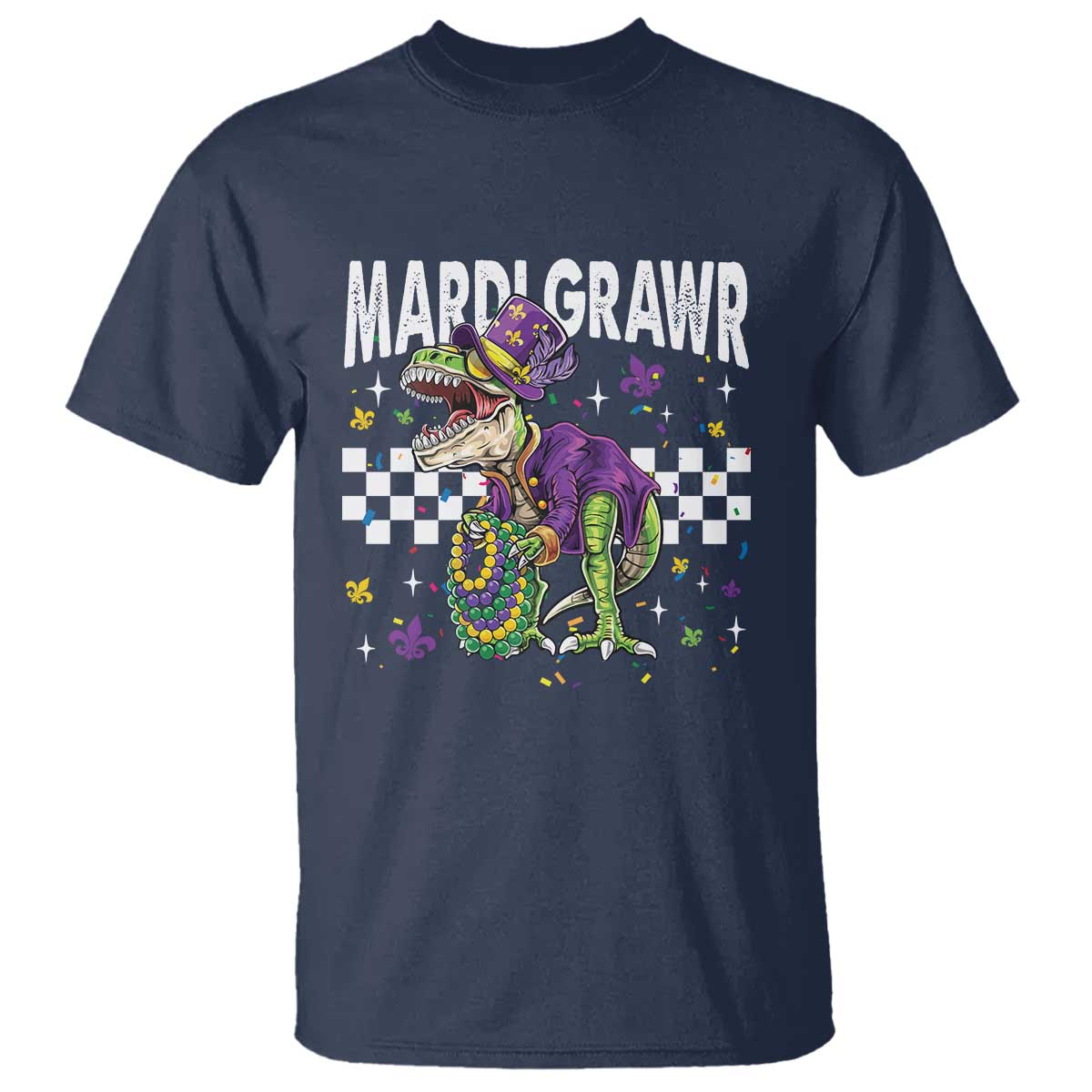 Funny Mardi Gras T-rex Dinosaur T Shirt Mardi Grawr Beads Carnival Party TS11 Navy Print Your Wear