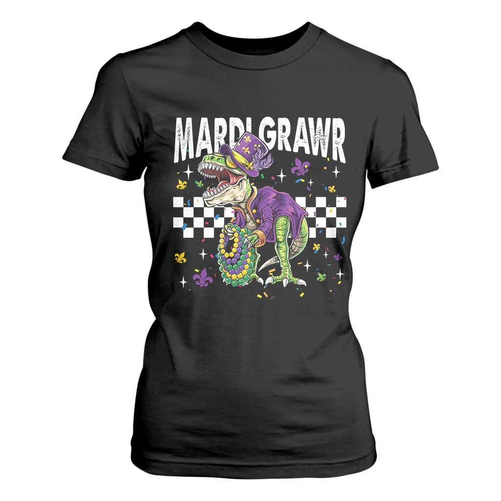 Funny Mardi Gras T-rex Dinosaur T Shirt For Women Mardi Grawr Beads Carnival Party TS11 Black Print Your Wear