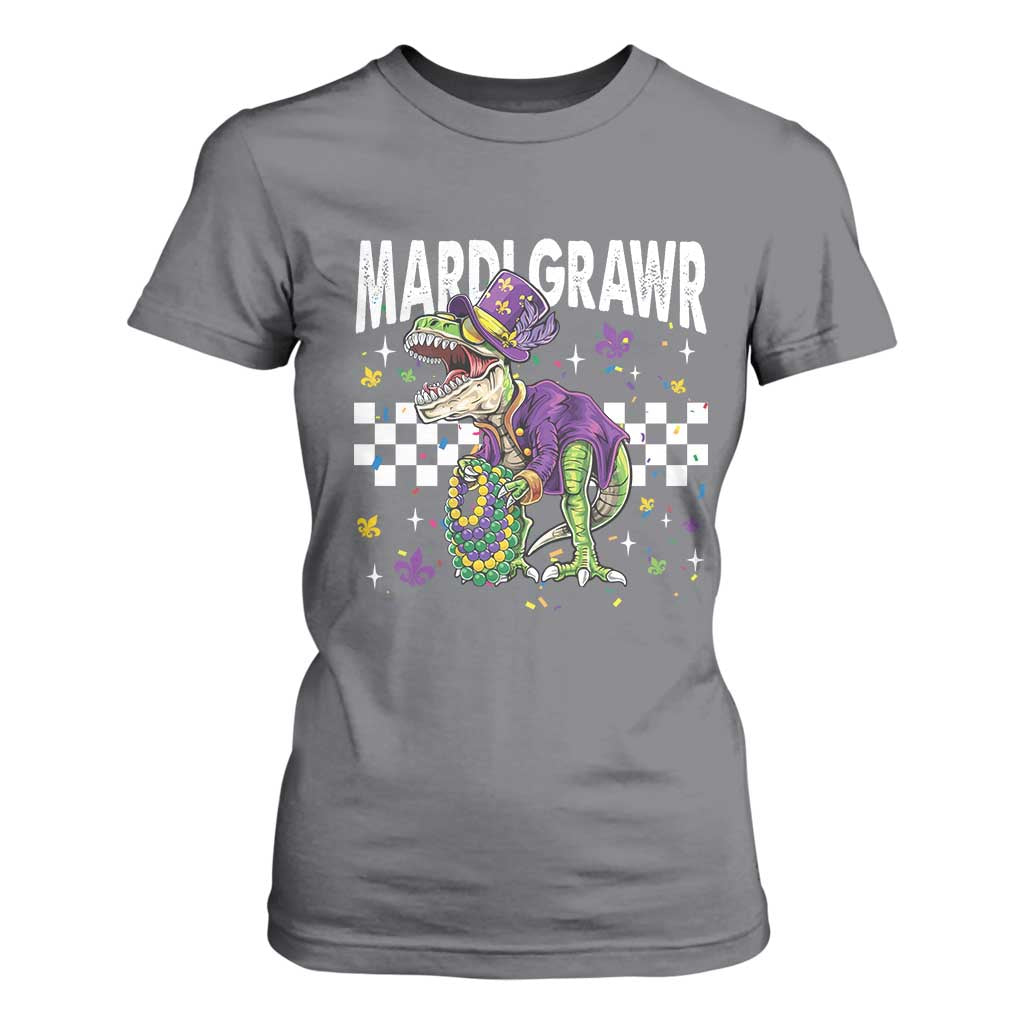 Funny Mardi Gras T-rex Dinosaur T Shirt For Women Mardi Grawr Beads Carnival Party TS11 Charcoal Print Your Wear