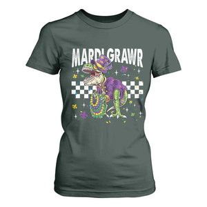 Funny Mardi Gras T-rex Dinosaur T Shirt For Women Mardi Grawr Beads Carnival Party TS11 Dark Forest Green Print Your Wear