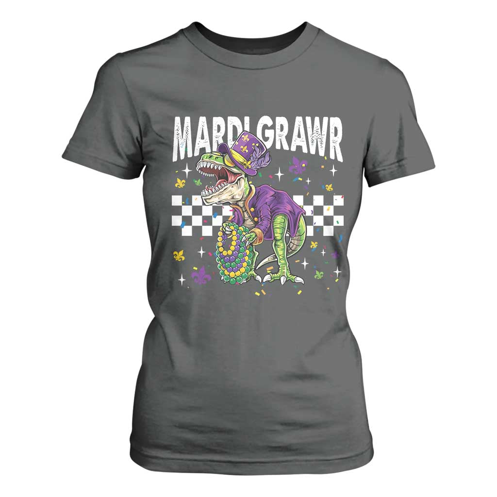 Funny Mardi Gras T-rex Dinosaur T Shirt For Women Mardi Grawr Beads Carnival Party TS11 Dark Heather Print Your Wear