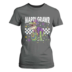 Funny Mardi Gras T-rex Dinosaur T Shirt For Women Mardi Grawr Beads Carnival Party TS11 Dark Heather Print Your Wear