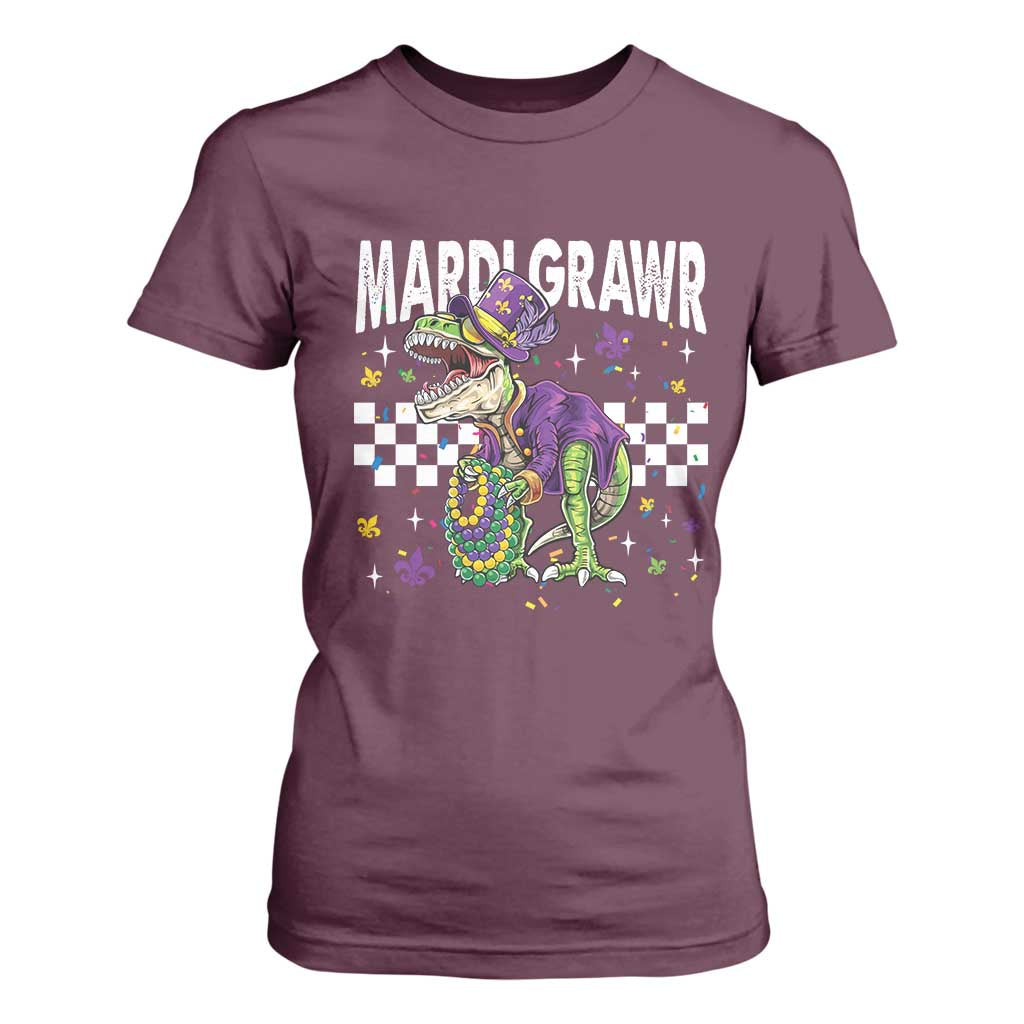 Funny Mardi Gras T-rex Dinosaur T Shirt For Women Mardi Grawr Beads Carnival Party TS11 Maroon Print Your Wear