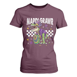 Funny Mardi Gras T-rex Dinosaur T Shirt For Women Mardi Grawr Beads Carnival Party TS11 Maroon Print Your Wear