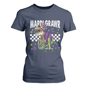 Funny Mardi Gras T-rex Dinosaur T Shirt For Women Mardi Grawr Beads Carnival Party TS11 Navy Print Your Wear