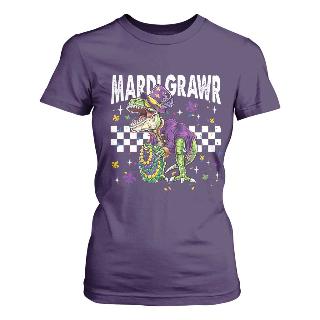 Funny Mardi Gras T-rex Dinosaur T Shirt For Women Mardi Grawr Beads Carnival Party TS11 Purple Print Your Wear