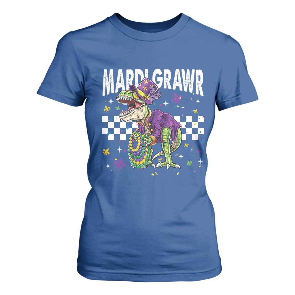 Funny Mardi Gras T-rex Dinosaur T Shirt For Women Mardi Grawr Beads Carnival Party TS11 Royal Blue Print Your Wear