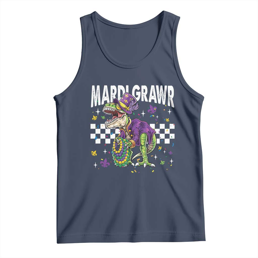 Funny Mardi Gras T-rex Dinosaur Tank Top Mardi Grawr Beads Carnival Party TS11 Navy Print Your Wear