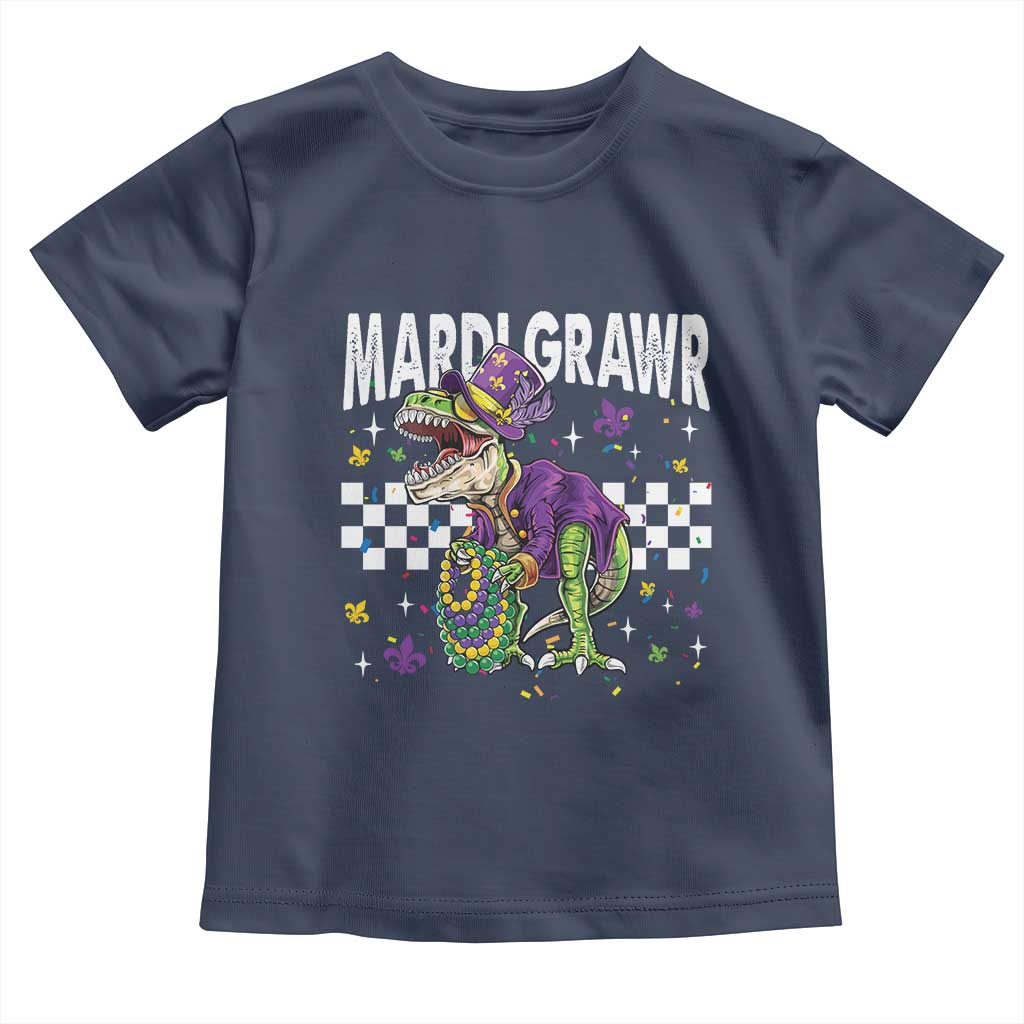 Funny Mardi Gras T-rex Dinosaur Toddler T Shirt Mardi Grawr Beads Carnival Party TS11 Navy Print Your Wear