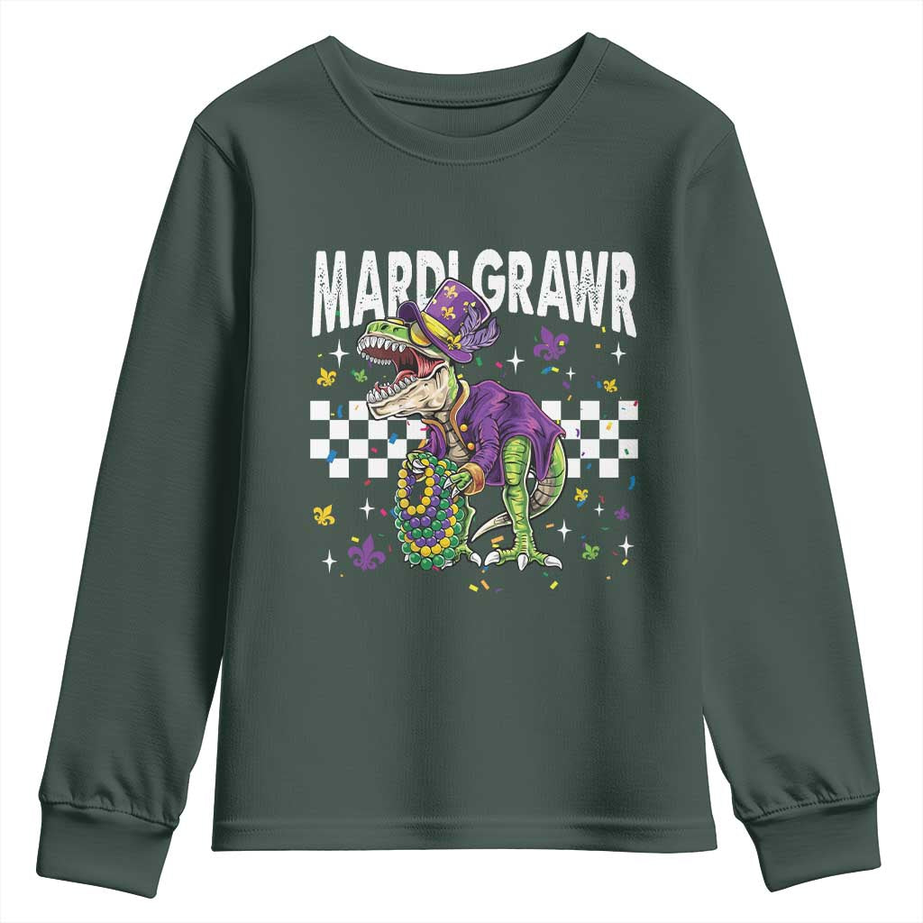 Funny Mardi Gras T-rex Dinosaur Youth Sweatshirt Mardi Grawr Beads Carnival Party TS11 Dark Forest Green Print Your Wear