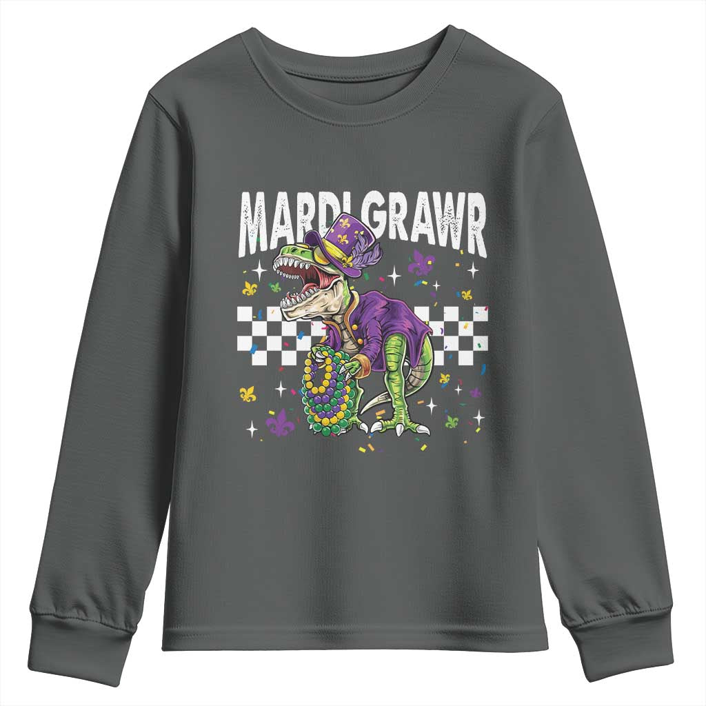 Funny Mardi Gras T-rex Dinosaur Youth Sweatshirt Mardi Grawr Beads Carnival Party TS11 Dark Heather Print Your Wear