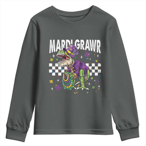 Funny Mardi Gras T-rex Dinosaur Youth Sweatshirt Mardi Grawr Beads Carnival Party TS11 Dark Heather Print Your Wear