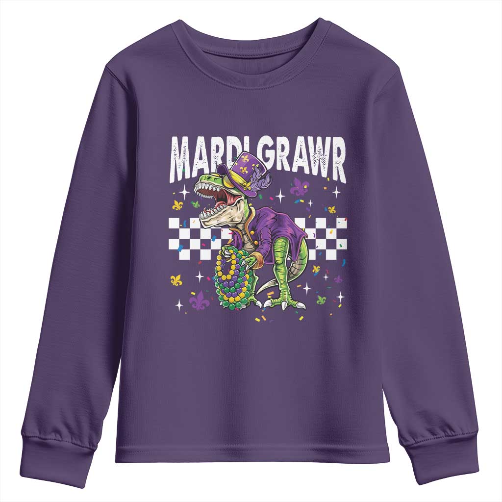 Funny Mardi Gras T-rex Dinosaur Youth Sweatshirt Mardi Grawr Beads Carnival Party TS11 Purple Print Your Wear