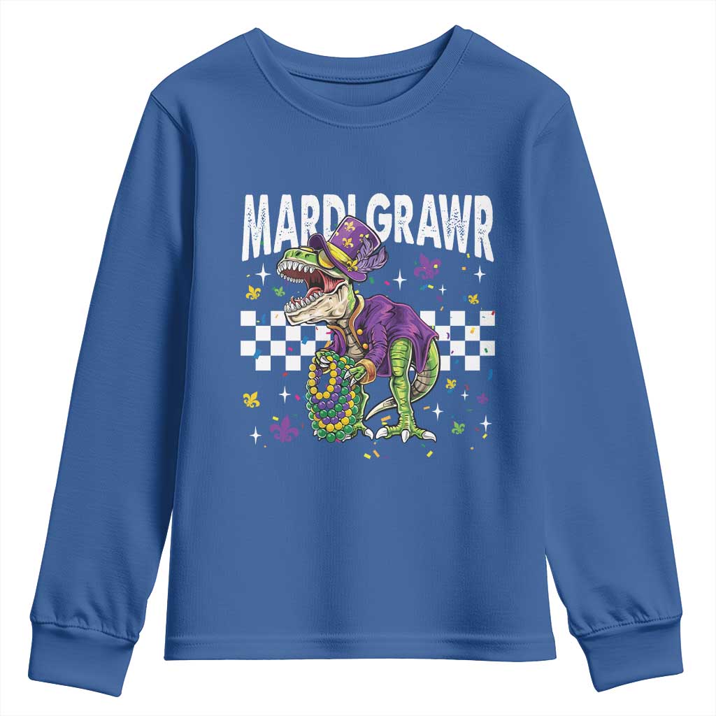 Funny Mardi Gras T-rex Dinosaur Youth Sweatshirt Mardi Grawr Beads Carnival Party TS11 Royal Blue Print Your Wear