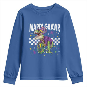 Funny Mardi Gras T-rex Dinosaur Youth Sweatshirt Mardi Grawr Beads Carnival Party TS11 Royal Blue Print Your Wear