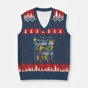 Funny Mardi Gras V-Neck Knit Sweater Vest We Don't Hide Our Crazy We Parade It Down The Street TS11 Navy Red Print Your Wear