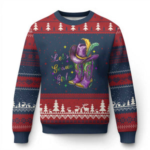 Funny Mardi Gras Cowgirl Ugly Christmas Sweater Let's Geaux Girls Western Cowgirl Boots Carnival TS11 Navy Red Print Your Wear