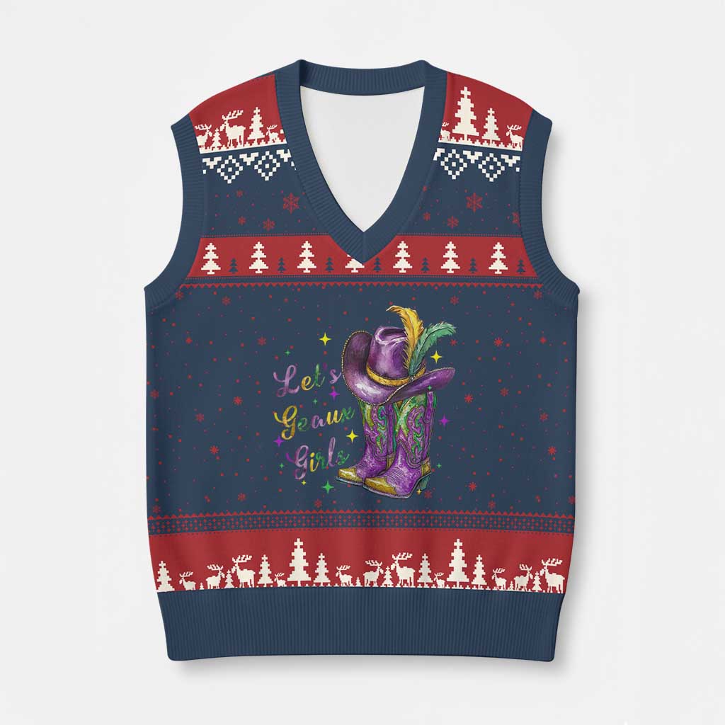 Funny Mardi Gras Cowgirl V-Neck Knit Sweater Vest Let's Geaux Girls Western Cowgirl Boots Carnival TS11 Navy Red Print Your Wear