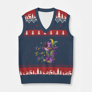 Funny Mardi Gras Cowgirl V-Neck Knit Sweater Vest Let's Geaux Girls Western Cowgirl Boots Carnival TS11 Navy Red Print Your Wear