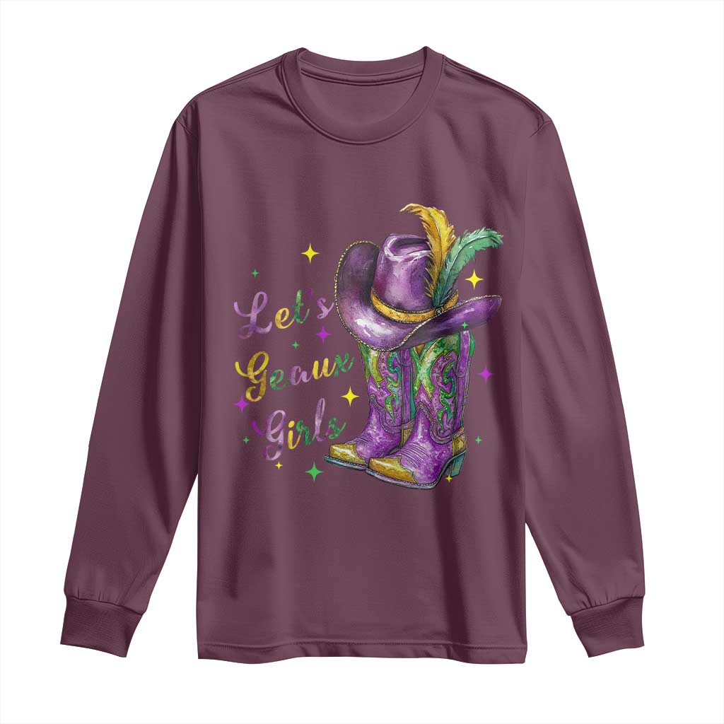 Funny Mardi Gras Cowgirl Long Sleeve Shirt Let's Geaux Girls Western Cowgirl Boots Carnival TS11 S Maroon Print Your Wear