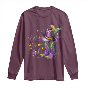 Funny Mardi Gras Cowgirl Long Sleeve Shirt Let's Geaux Girls Western Cowgirl Boots Carnival TS11 S Maroon Print Your Wear