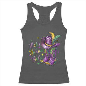 Funny Mardi Gras Cowgirl Racerback Tank Top Let's Geaux Girls Western Cowgirl Boots Carnival TS11 Dark Heather Print Your Wear