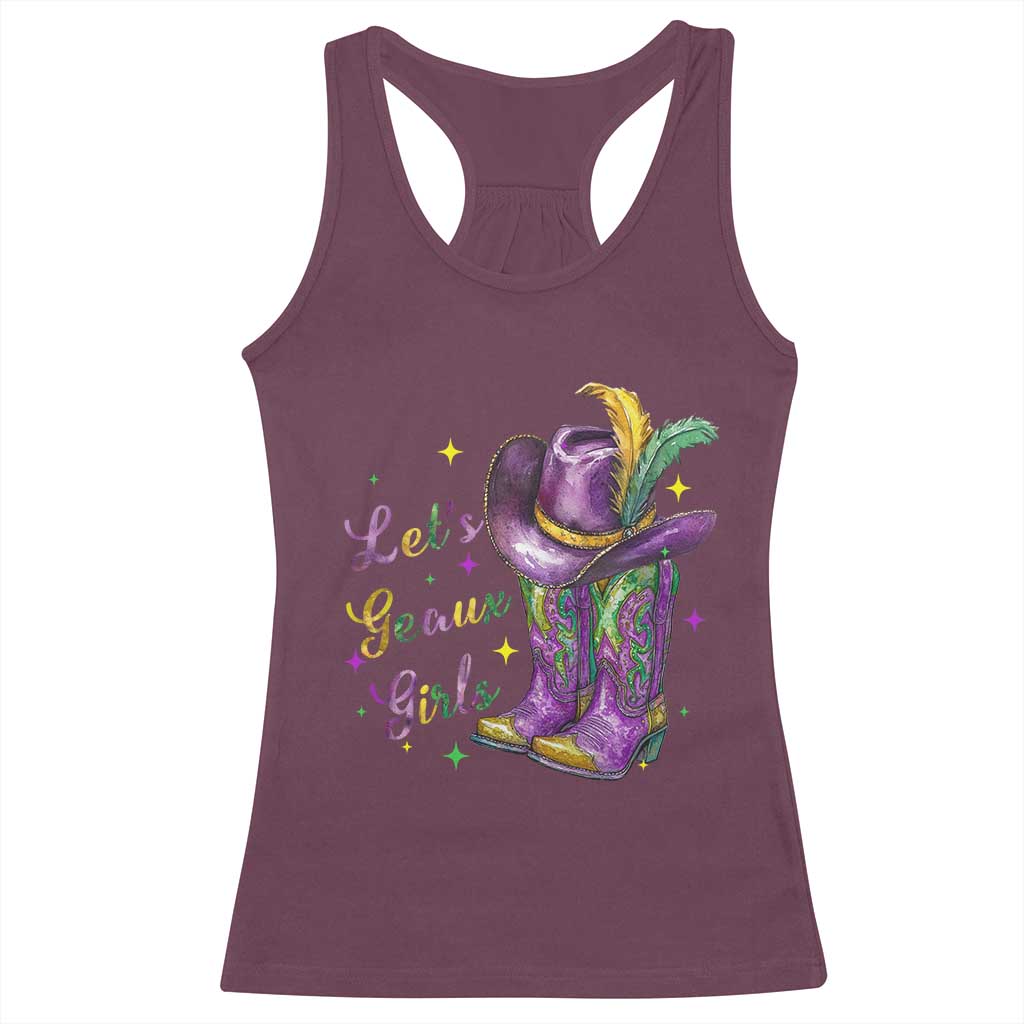 Funny Mardi Gras Cowgirl Racerback Tank Top Let's Geaux Girls Western Cowgirl Boots Carnival TS11 Maroon Print Your Wear
