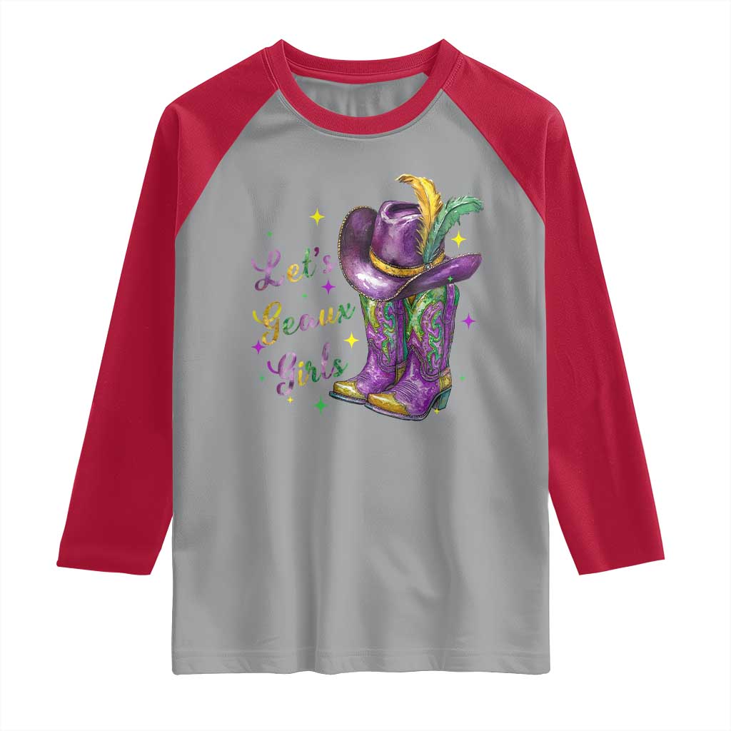 Funny Mardi Gras Cowgirl Raglan Shirt Let's Geaux Girls Western Cowgirl Boots Carnival TS11 Sport Gray Red Print Your Wear