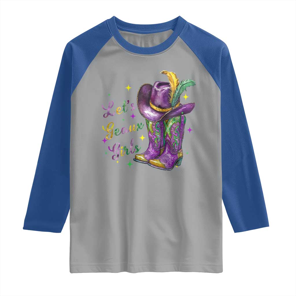 Funny Mardi Gras Cowgirl Raglan Shirt Let's Geaux Girls Western Cowgirl Boots Carnival TS11 Sport Gray Royal Print Your Wear