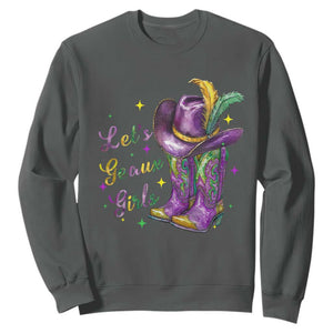 Funny Mardi Gras Cowgirl Sweatshirt Let's Geaux Girls Western Cowgirl Boots Carnival TS11 Dark Heather Print Your Wear