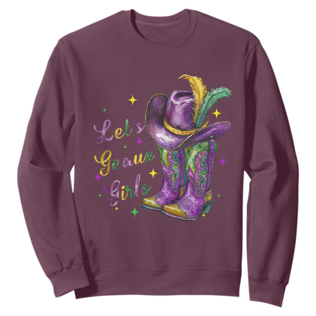 Funny Mardi Gras Cowgirl Sweatshirt Let's Geaux Girls Western Cowgirl Boots Carnival TS11 Maroon Print Your Wear