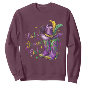 Funny Mardi Gras Cowgirl Sweatshirt Let's Geaux Girls Western Cowgirl Boots Carnival TS11 Maroon Print Your Wear