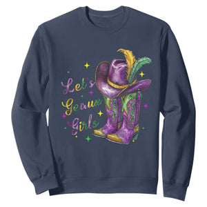 Funny Mardi Gras Cowgirl Sweatshirt Let's Geaux Girls Western Cowgirl Boots Carnival TS11 Navy Print Your Wear