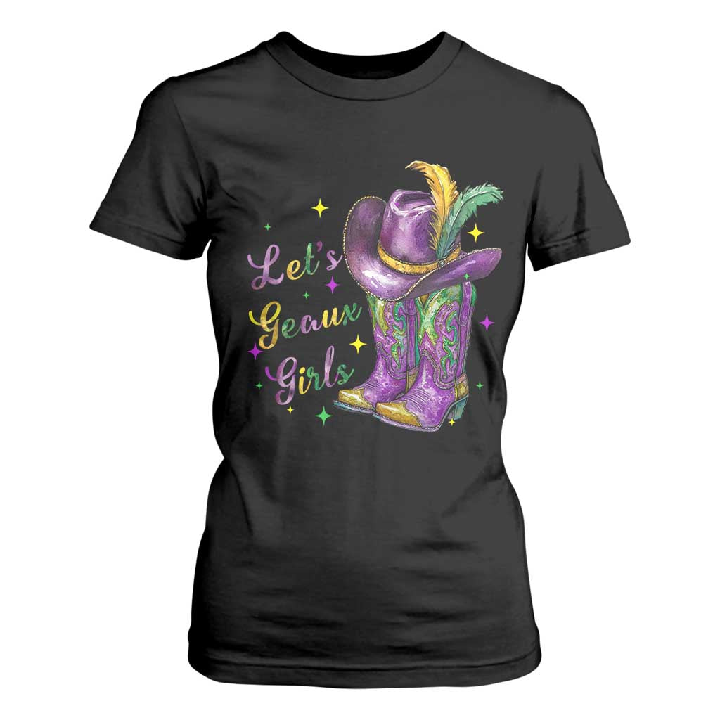 Funny Mardi Gras Cowgirl T Shirt For Women Let's Geaux Girls Western Cowgirl Boots Carnival TS11 Black Print Your Wear