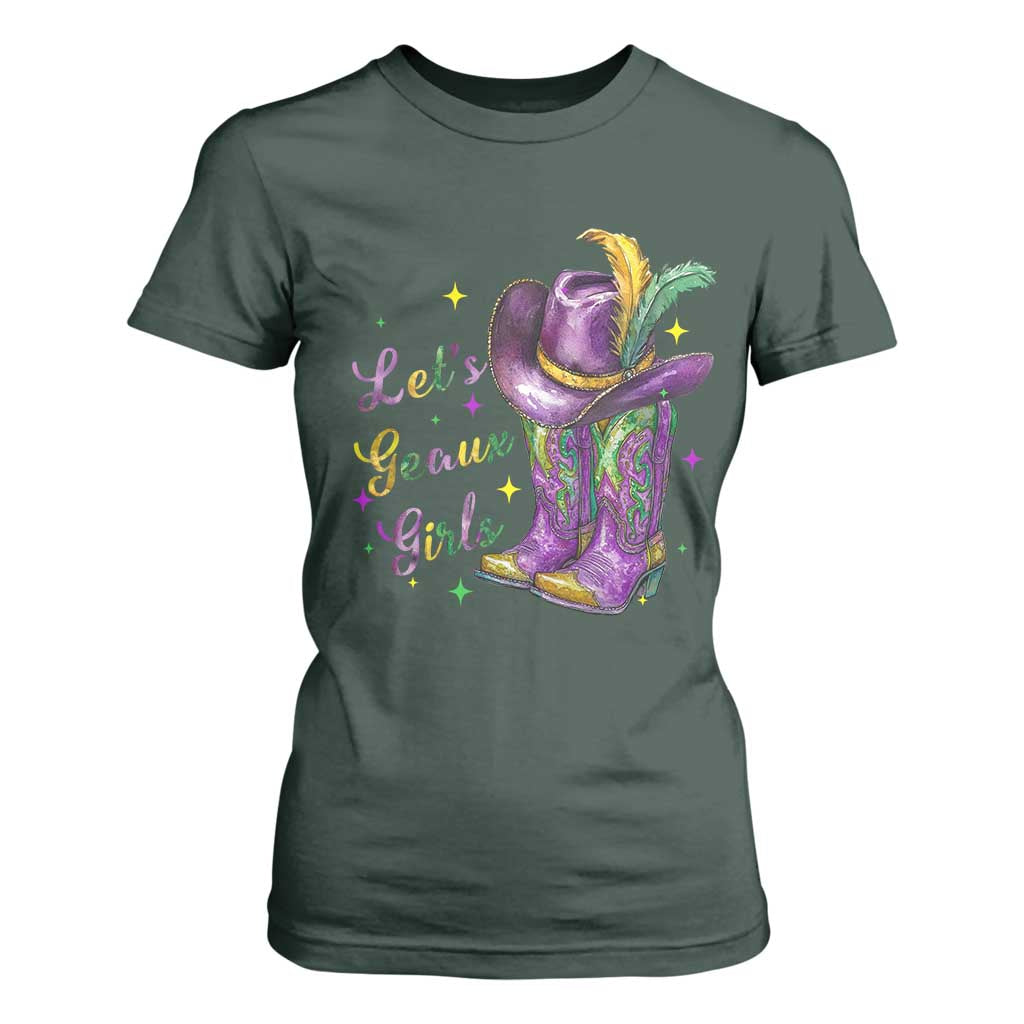 Funny Mardi Gras Cowgirl T Shirt For Women Let's Geaux Girls Western Cowgirl Boots Carnival TS11 Dark Forest Green Print Your Wear