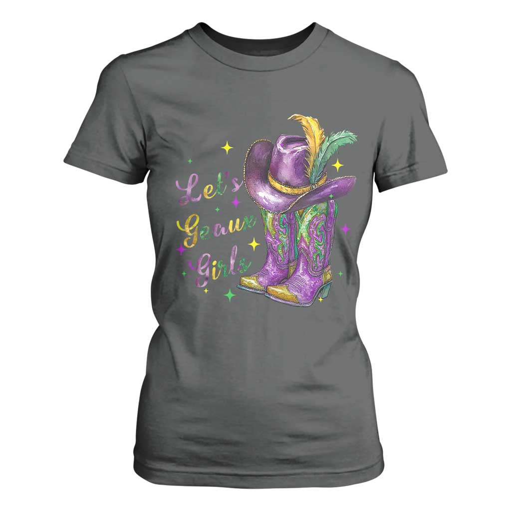 Funny Mardi Gras Cowgirl T Shirt For Women Let's Geaux Girls Western Cowgirl Boots Carnival TS11 Dark Heather Print Your Wear