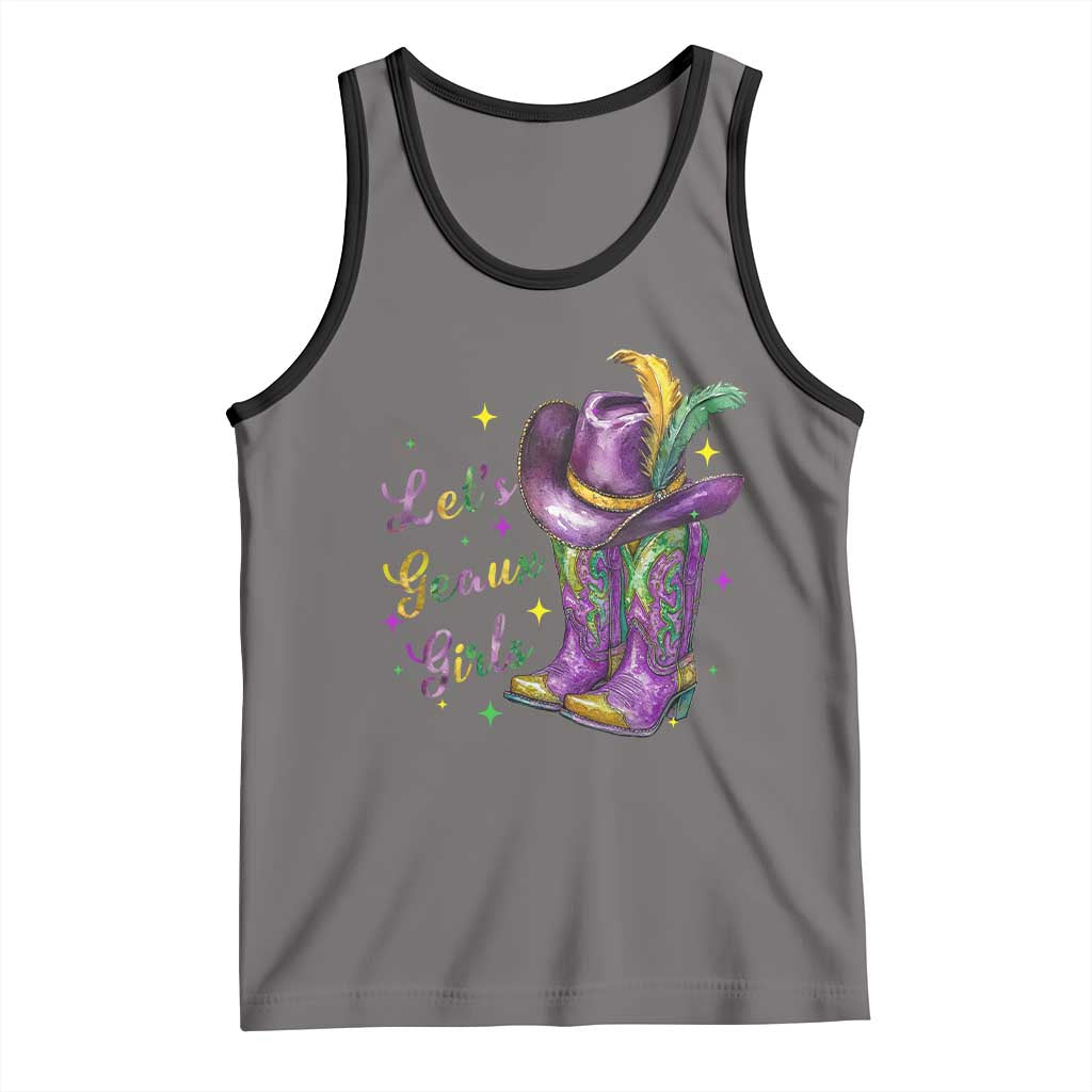 Funny Mardi Gras Cowgirl Tank Top Let's Geaux Girls Western Cowgirl Boots Carnival TS11 Deep Heather Black Print Your Wear