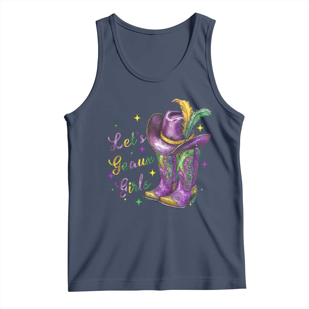 Funny Mardi Gras Cowgirl Tank Top Let's Geaux Girls Western Cowgirl Boots Carnival TS11 Navy Print Your Wear