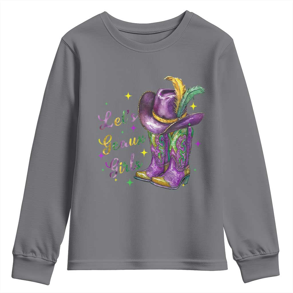 Funny Mardi Gras Cowgirl Youth Sweatshirt Let's Geaux Girls Western Cowgirl Boots Carnival TS11 Charcoal Print Your Wear