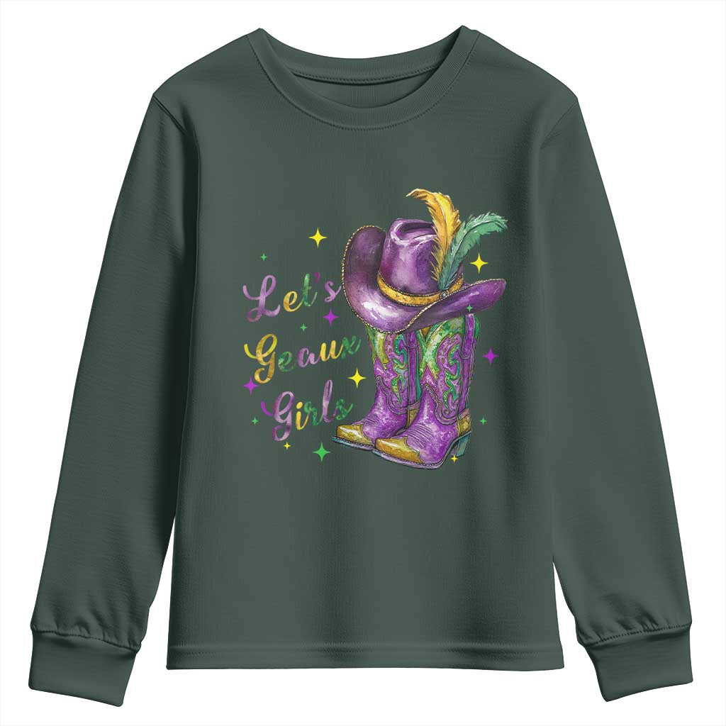 Funny Mardi Gras Cowgirl Youth Sweatshirt Let's Geaux Girls Western Cowgirl Boots Carnival TS11 Dark Forest Green Print Your Wear