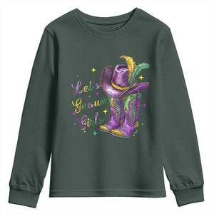 Funny Mardi Gras Cowgirl Youth Sweatshirt Let's Geaux Girls Western Cowgirl Boots Carnival TS11 Dark Forest Green Print Your Wear