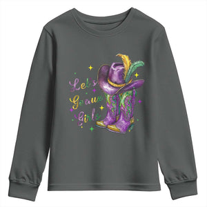 Funny Mardi Gras Cowgirl Youth Sweatshirt Let's Geaux Girls Western Cowgirl Boots Carnival TS11 Dark Heather Print Your Wear