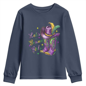 Funny Mardi Gras Cowgirl Youth Sweatshirt Let's Geaux Girls Western Cowgirl Boots Carnival TS11 Navy Print Your Wear