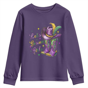 Funny Mardi Gras Cowgirl Youth Sweatshirt Let's Geaux Girls Western Cowgirl Boots Carnival TS11 Purple Print Your Wear