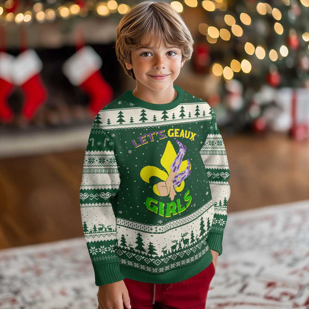 Funny Mardi Gras Cowgirl Ugly Christmas Sweater Let's Geaux Girls Fleur De Lys TS11 Forest Green Beige Print Your Wear